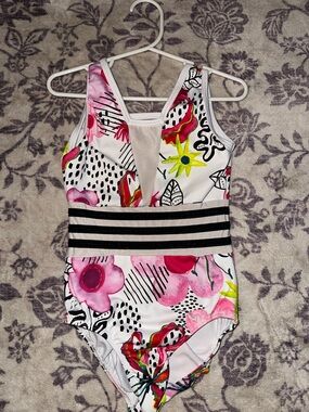 Sylvia P leotard Floral with Striped Waistband - Pink & White